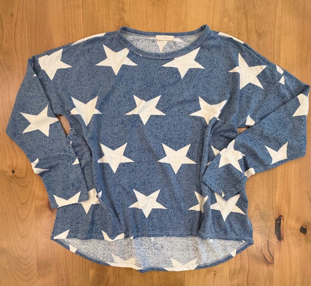 MONROW Blue Star Print Raglan Long Sleeve Pullover Sweatshirt